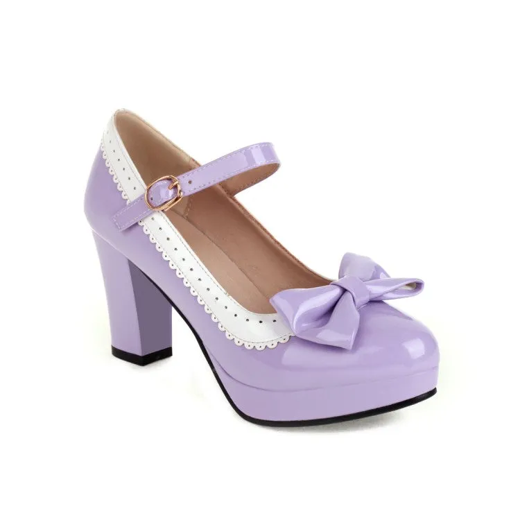 Women's Ruffles Bow Tie Mary Janes Block Heel Platform Pumps