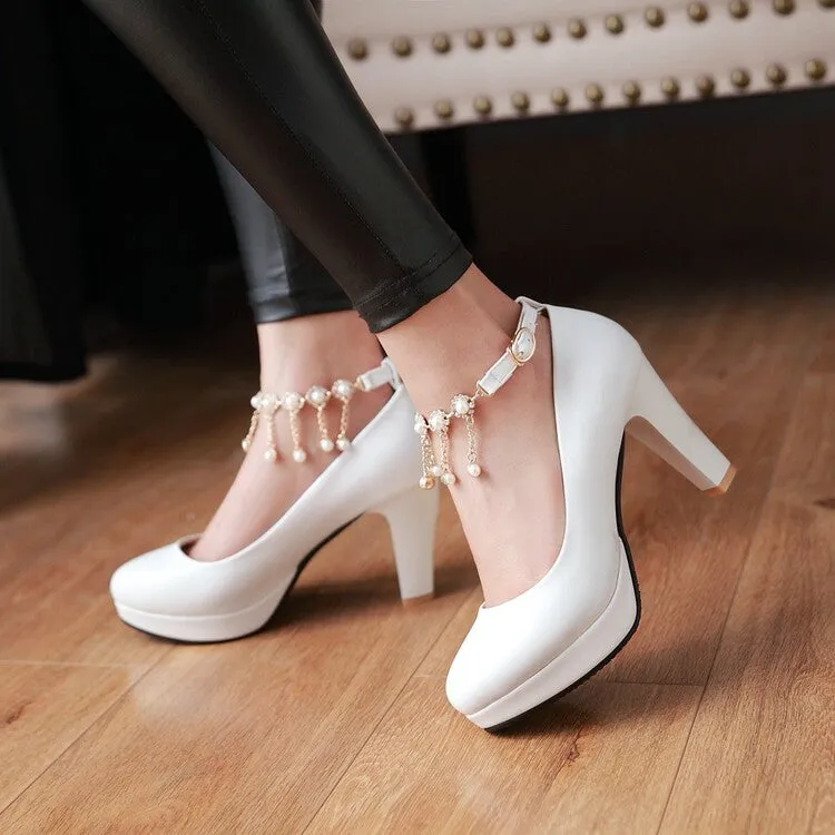 Women's Shallow Pearls Ankle Strap Block Heel Platform Pumps