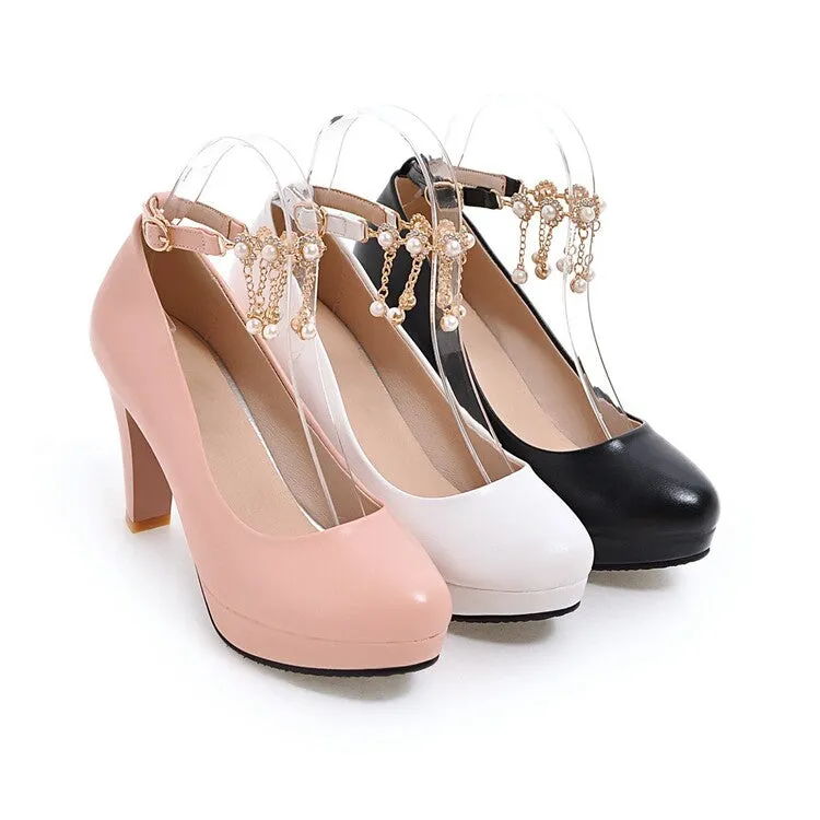 Women's Shallow Pearls Ankle Strap Block Heel Platform Pumps