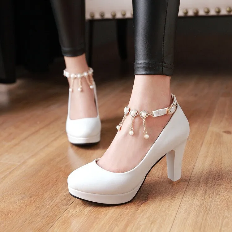 Women's Shallow Pearls Ankle Strap Block Heel Platform Pumps