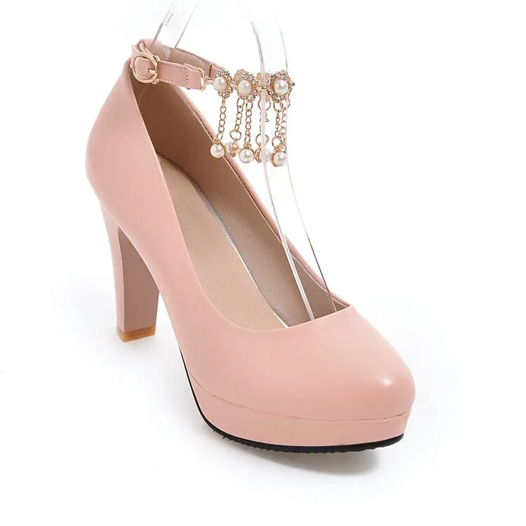 Women's Shallow Pearls Ankle Strap Block Heel Platform Pumps