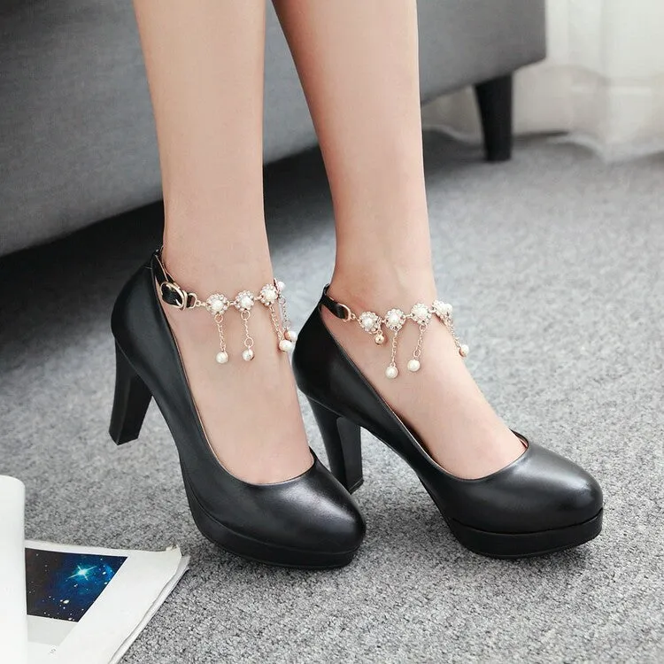 Women's Shallow Pearls Ankle Strap Block Heel Platform Pumps