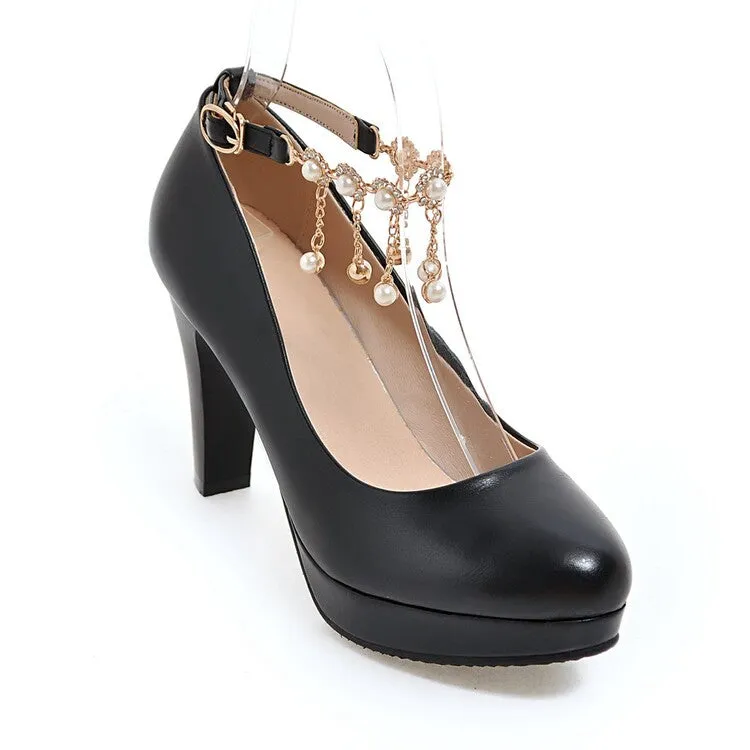 Women's Shallow Pearls Ankle Strap Block Heel Platform Pumps