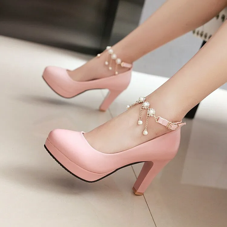 Women's Shallow Pearls Ankle Strap Block Heel Platform Pumps