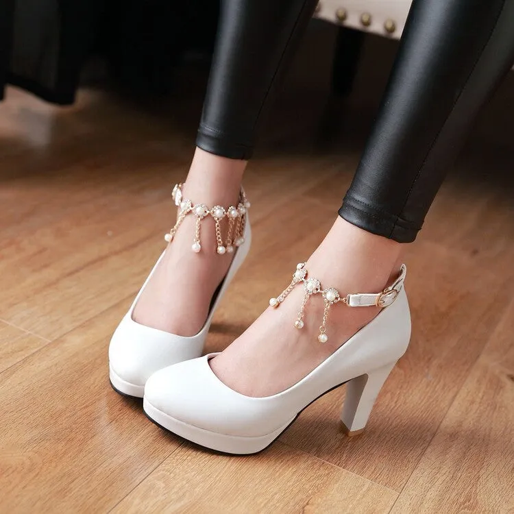 Women's Shallow Pearls Ankle Strap Block Heel Platform Pumps