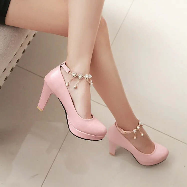 Women's Shallow Pearls Ankle Strap Block Heel Platform Pumps