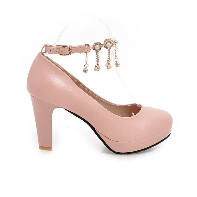 Women's Shallow Pearls Ankle Strap Block Heel Platform Pumps