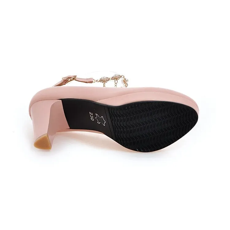 Women's Shallow Pearls Ankle Strap Block Heel Platform Pumps