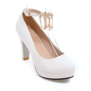 Women's Shallow Pearls Ankle Strap Block Heel Platform Pumps