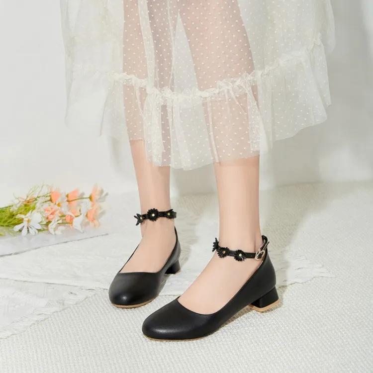 Women's Shallow Sunflower Ankle Strap Block Heel Pumps