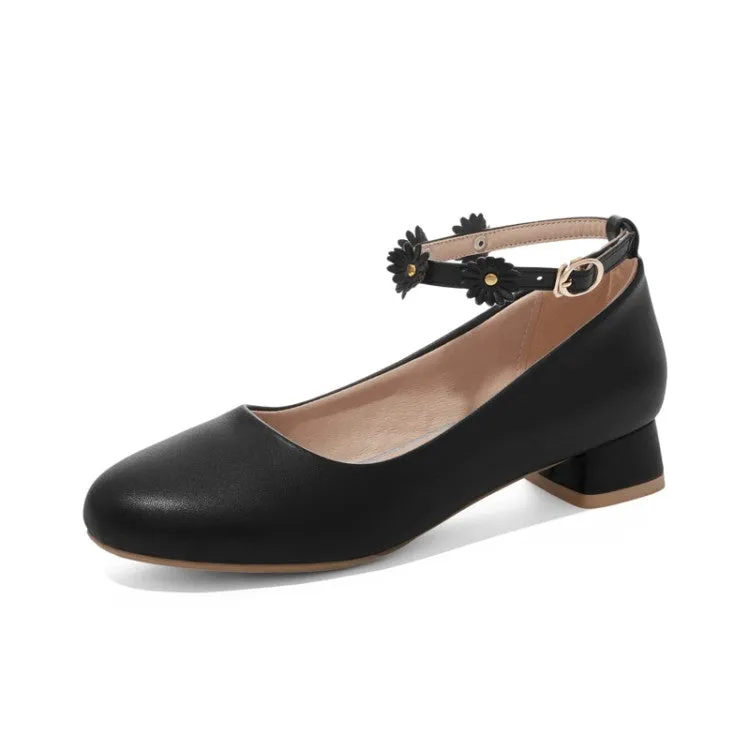 Women's Shallow Sunflower Ankle Strap Block Heel Pumps
