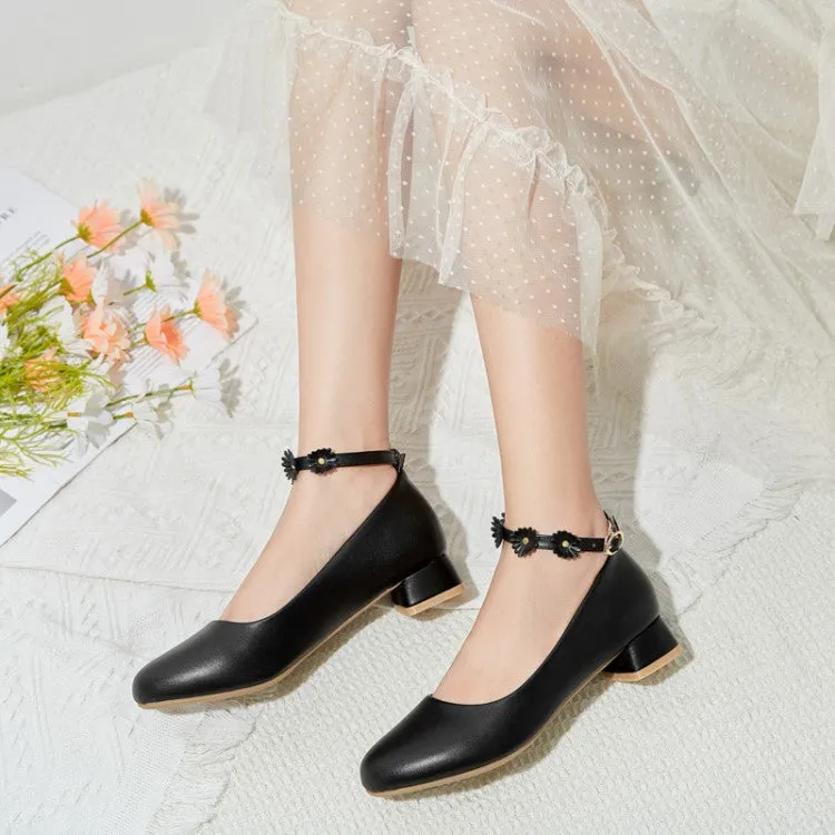 Women's Shallow Sunflower Ankle Strap Block Heel Pumps