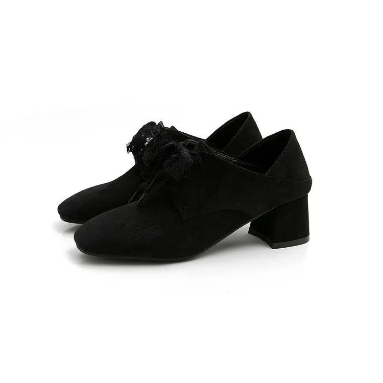 Women's Suede Square Toe Lace Up Block Heel Shoes