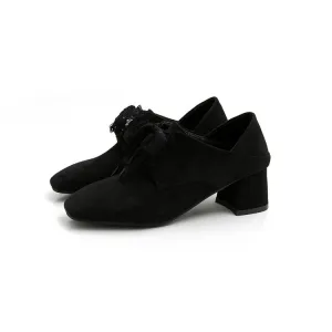 Women's Suede Square Toe Lace Up Block Heel Shoes