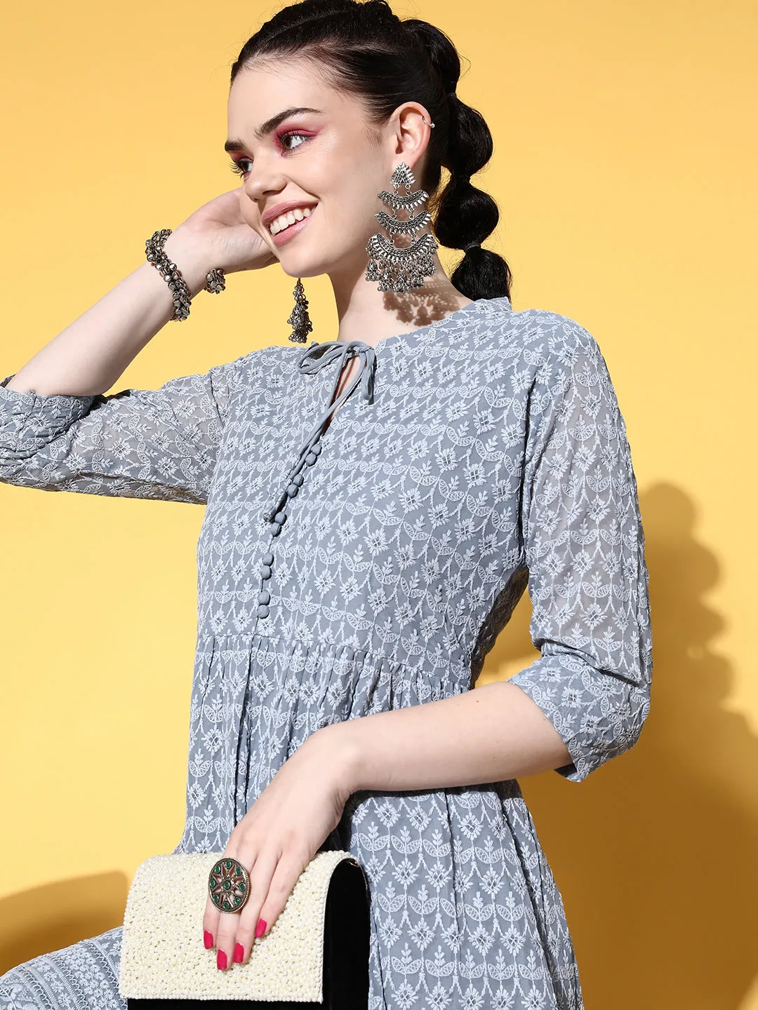 Zola Georgette Mandarin Collar Grey Chikankari Embroidery with Sequin Work Midy for Women