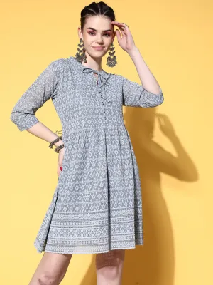Zola Georgette Mandarin Collar Grey Chikankari Embroidery with Sequin Work Midy for Women
