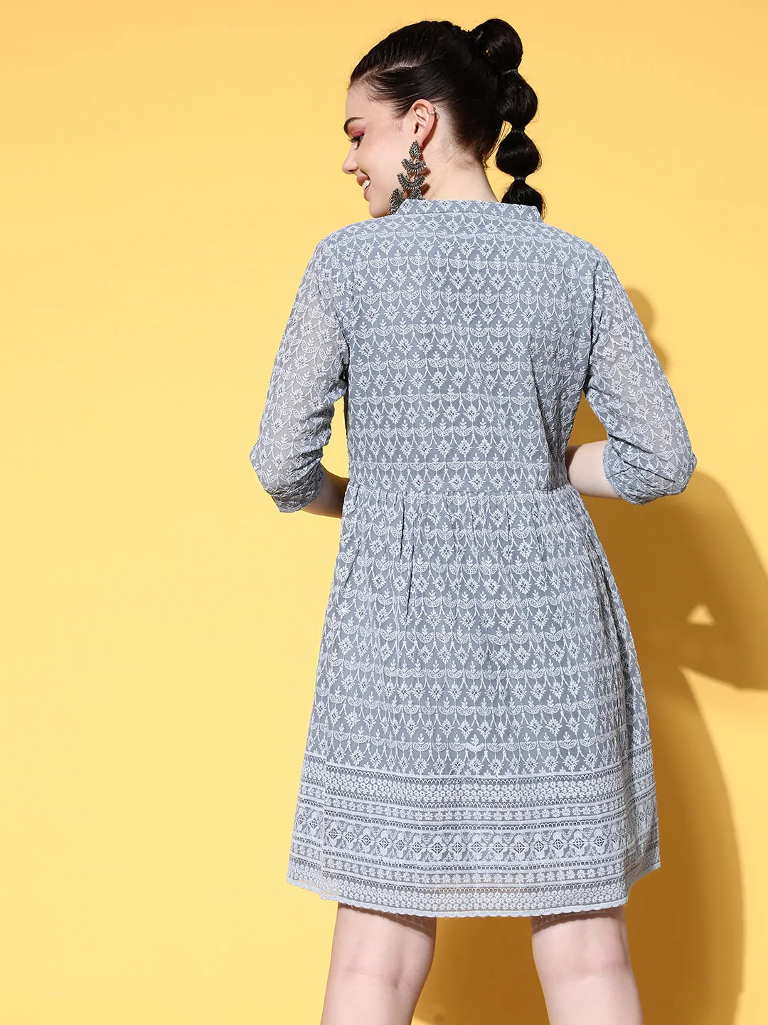 Zola Georgette Mandarin Collar Grey Chikankari Embroidery with Sequin Work Midy for Women