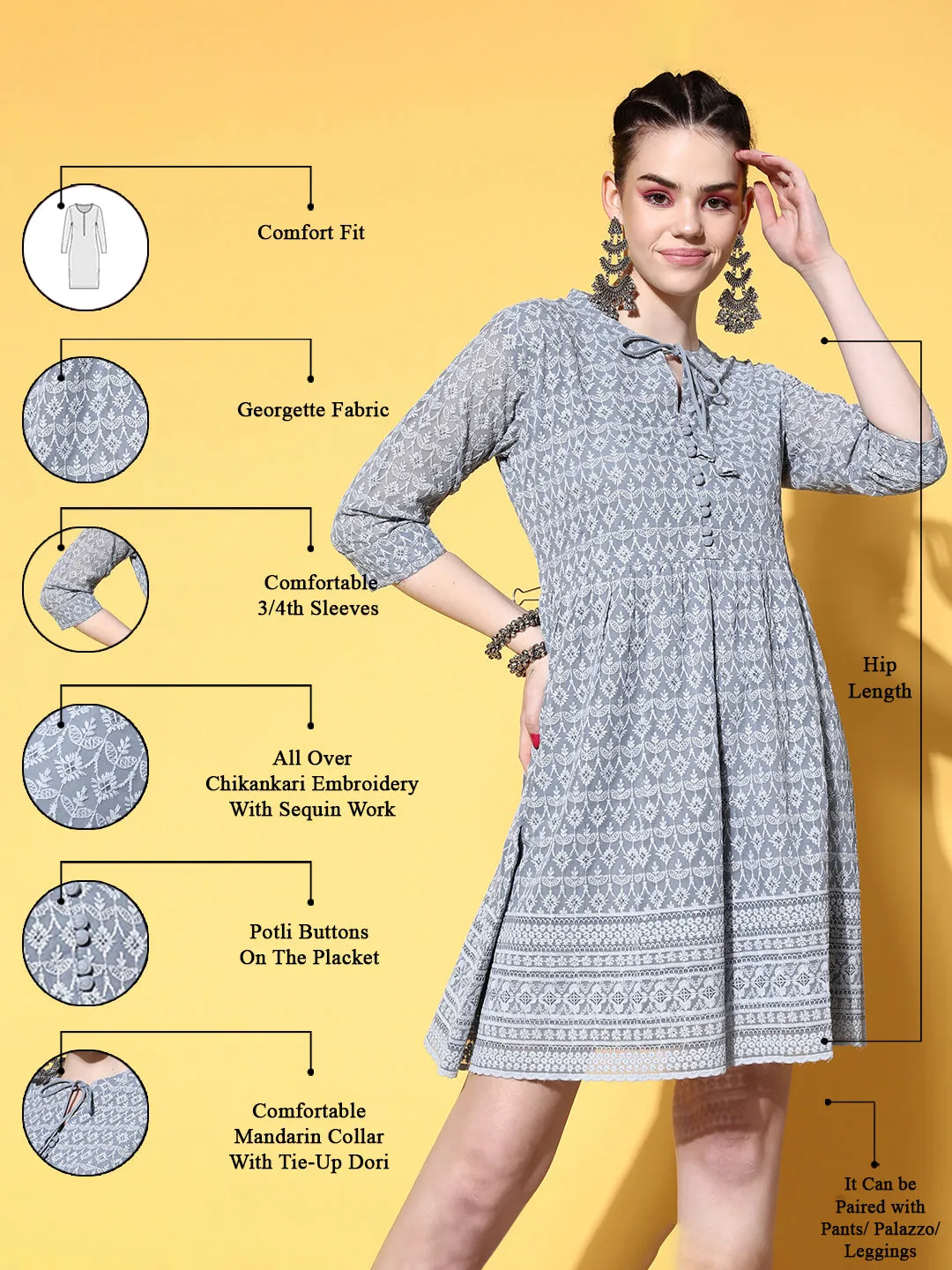Zola Georgette Mandarin Collar Grey Chikankari Embroidery with Sequin Work Midy for Women